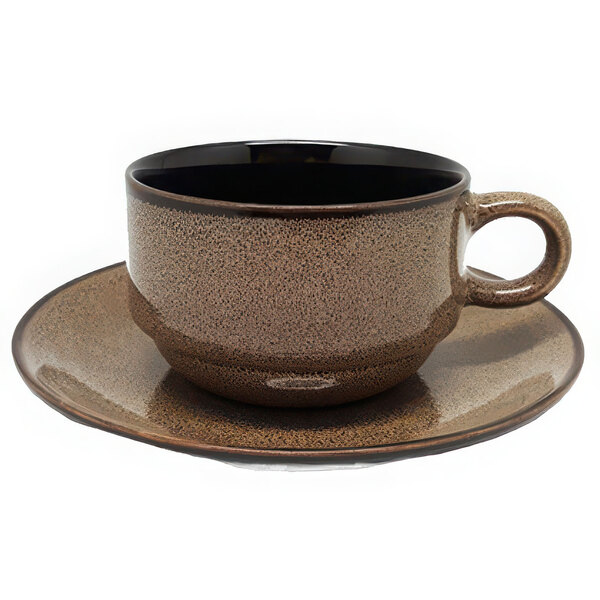 A brown and black Luzerne Rustic by Oneida coffee cup and saucer.