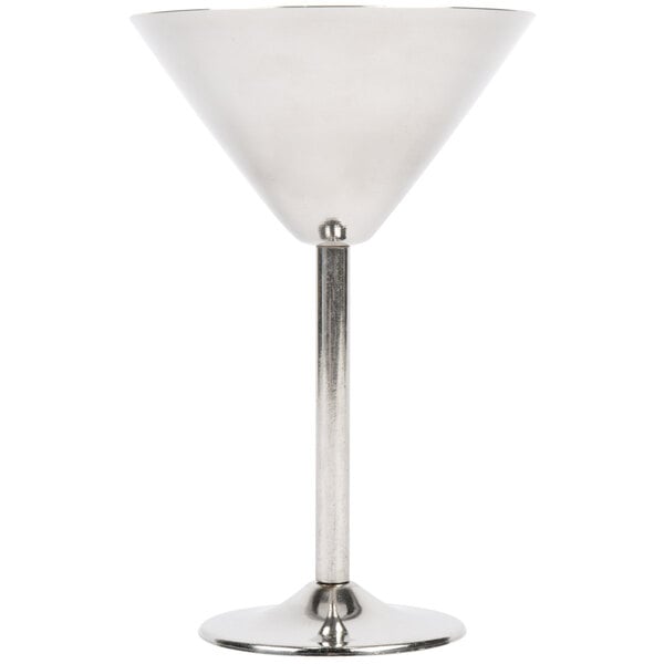A Tablecraft stainless steel martini glass with a stem.