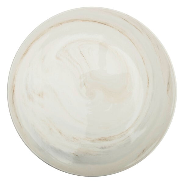A white Oneida porcelain plate with raised brown swirls.
