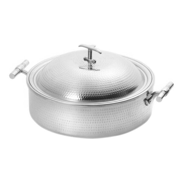 A close-up of a silver Eastern Tabletop stainless steel pot with lid and double handles.