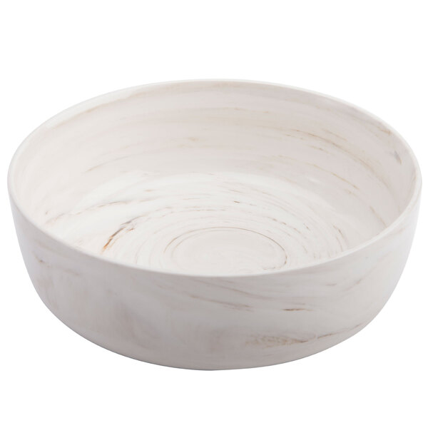 A white Luzerne Marble by Oneida porcelain coupe low bowl with a swirl pattern.