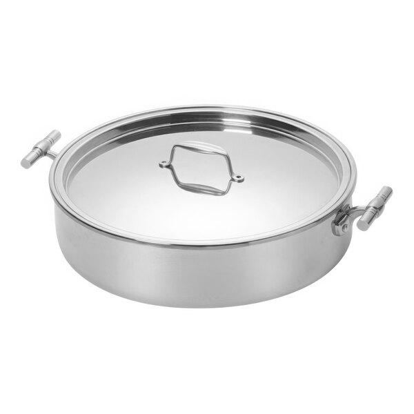 A silver stainless steel Eastern Tabletop brazier with a flat lid.