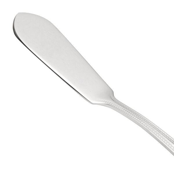 A Oneida Needlepoint stainless steel butter knife with a flat handle.