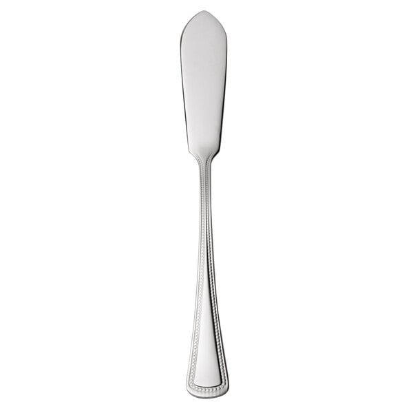 A silver butter knife with a flat handle.