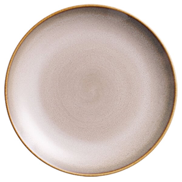 A close-up of a white Oneida Sama porcelain coupe plate with a brown rim.