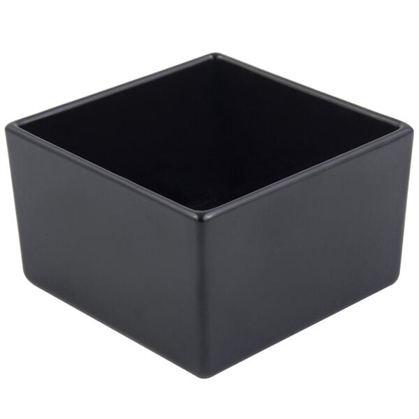 A black Bon Chef straight square bowl with a sandstone finish.