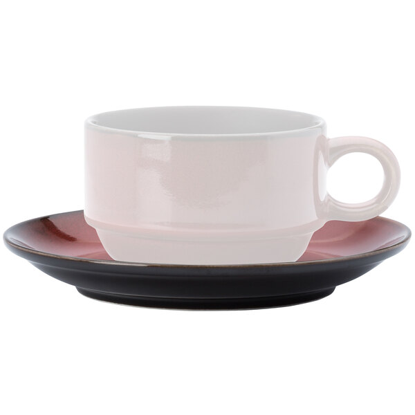A Oneida Rustic crimson espresso saucer with black and red accents.