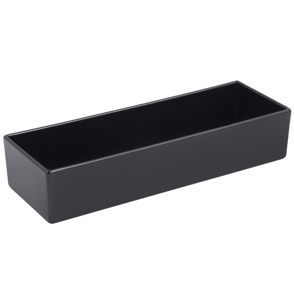 A black rectangular Bon Chef bowl with a sandstone finish on a counter.