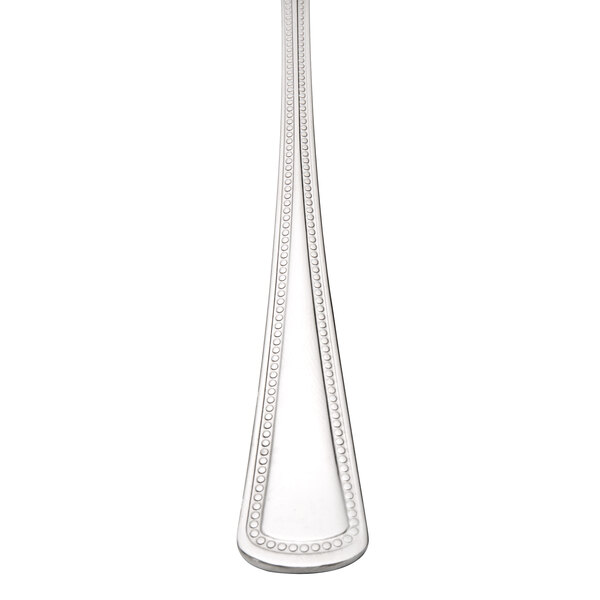 An Oneida Needlepoint stainless steel oval bowl soup/dessert spoon with a beaded design on the handle.