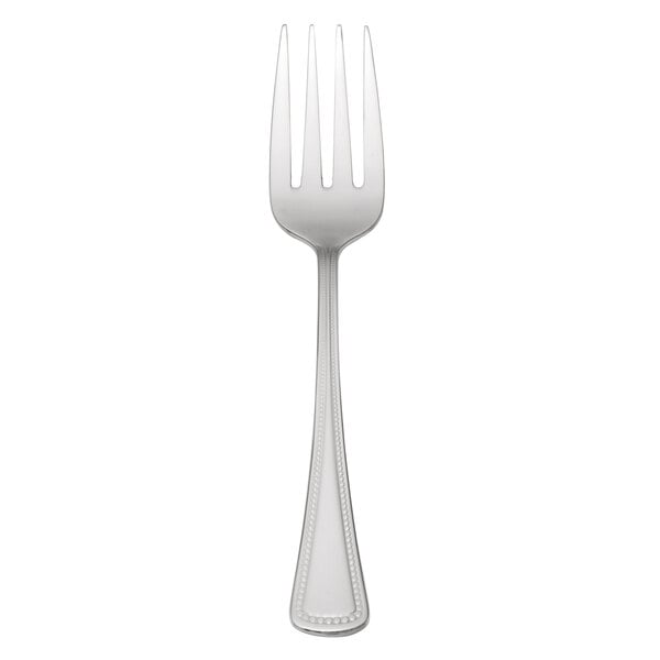 A silver Oneida Needlepoint salad/dessert fork with a white background.