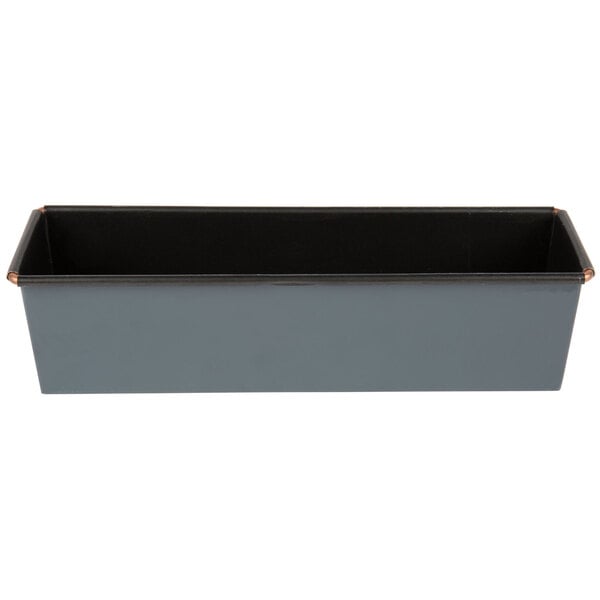A rectangular black and silver Matfer Bourgeat bread loaf pan.