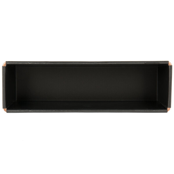 A black rectangular Matfer Bourgeat loaf pan with copper trim.