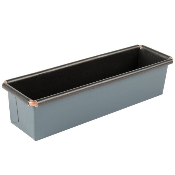 A rectangular metal Matfer Bourgeat mini bread loaf pan with a black non-stick coating inside.