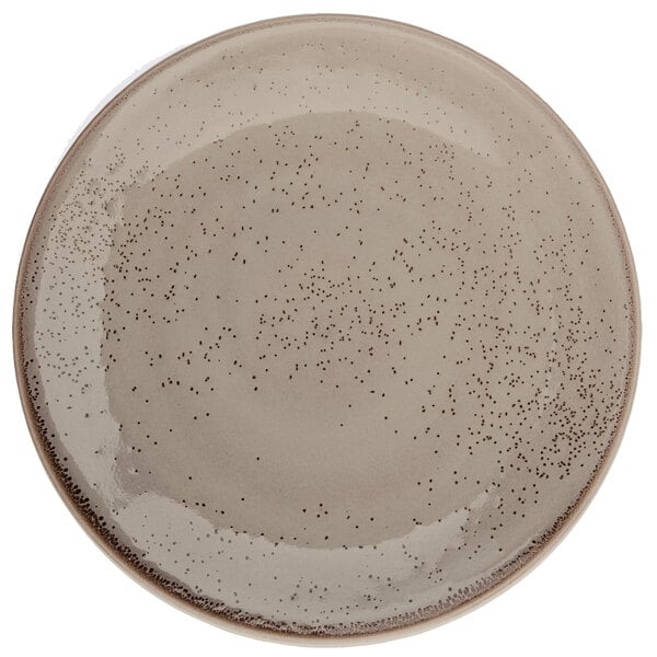 An Oneida Terra Verde Natural porcelain coupe plate with speckled brown dots on a white background.