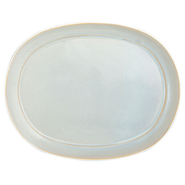 A white oval platter with light blue trim.