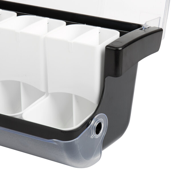A black and white Tablecraft plastic container with a white Tablecraft insert inside.