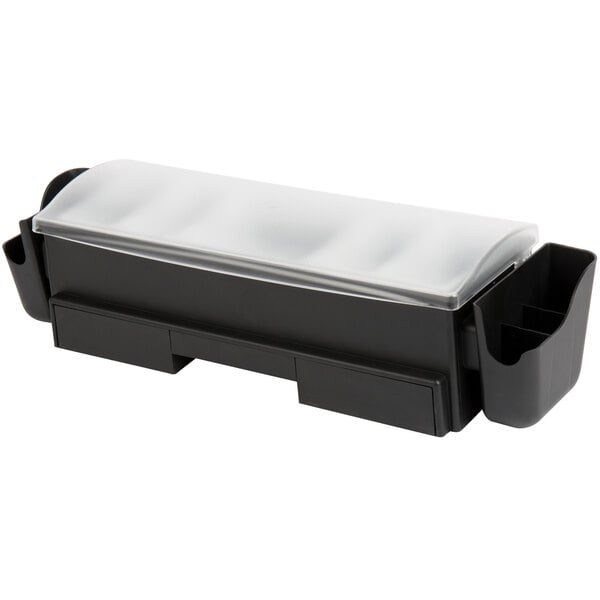 A black and white rectangular Tablecraft condiment bar with a clear lid.