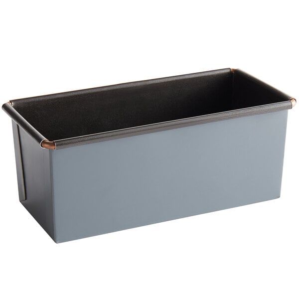 A grey rectangular metal Matfer Bourgeat bread loaf pan with a black rim.