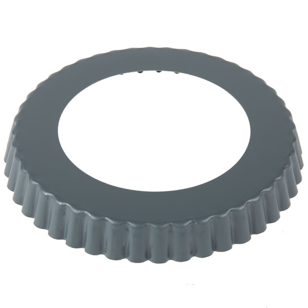 A gray circular Matfer Bourgeat fluted tart pan with a white removable bottom.