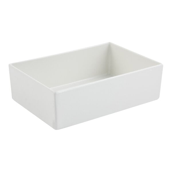 A rectangular white bowl with straight sides and a smooth finish.