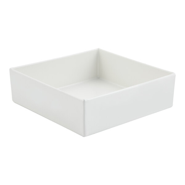 A white, square-shaped bowl with straight sides and a smooth finish.