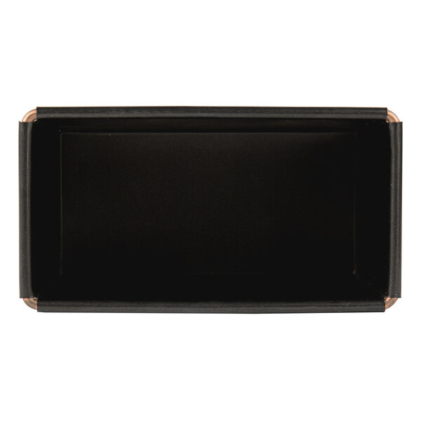 A black rectangular Matfer Bourgeat bread loaf pan with a brown edge.
