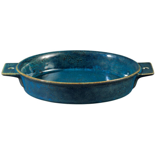 A blue porcelain double-handled tapas dish by Oneida Studio Pottery.