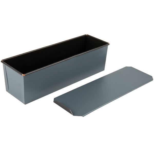 A rectangular metal Matfer Bourgeat bread loaf pan with a black tray.