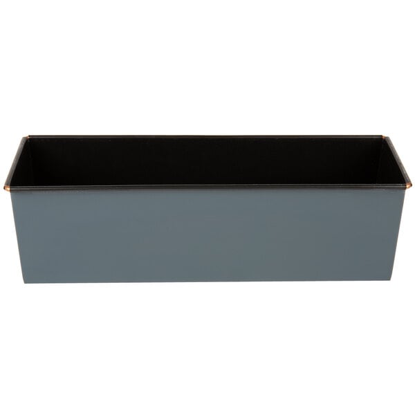 A rectangular metal loaf pan with a black rim and lid.