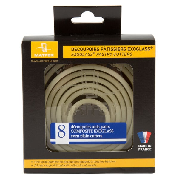 A box of white plastic Matfer Bourgeat pastry cutters.