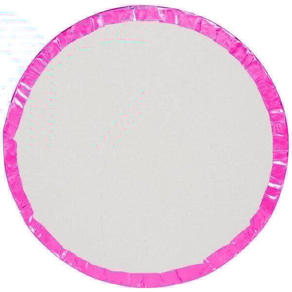 A white round cake drum with a pink trim.