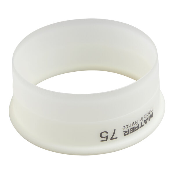 A white, round, plastic ring with a slightly flared base and printed text on the side.