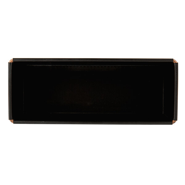 A black rectangular loaf pan with brown edges.