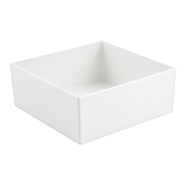 A white, square-shaped bowl with straight sides and a smooth finish.