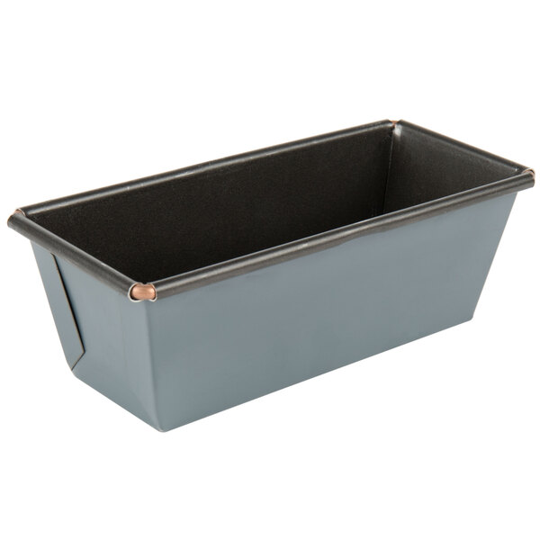 A rectangular metal bread loaf pan with a black non-stick coating.