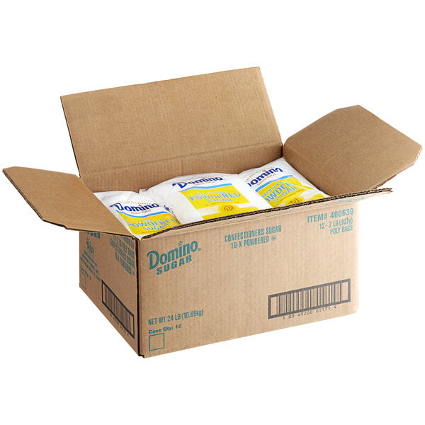 A box of Domino 10X Confectioners Powdered Sugar with 12 bags inside.
