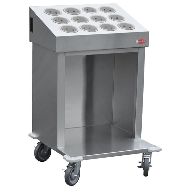 A Steril-Sil stainless steel silverware cart with 12 silverware cylinders on it.