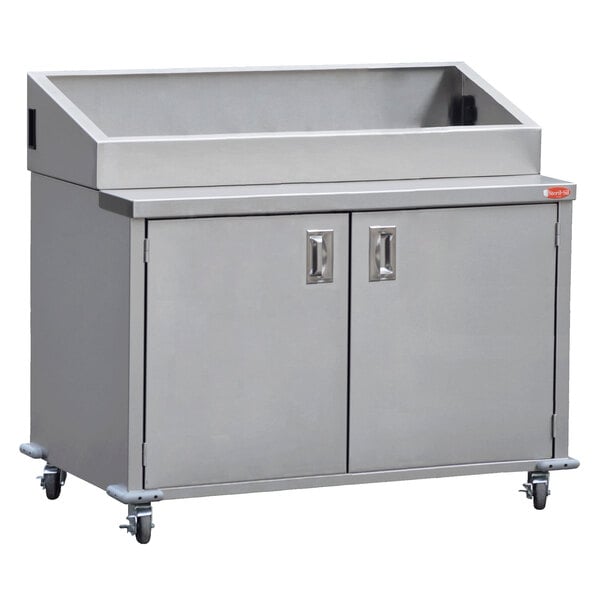 A large stainless steel cabinet with wheels.