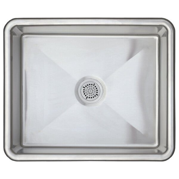 A top view of a Steril-Sil stainless steel mobile soak sink with a drain.