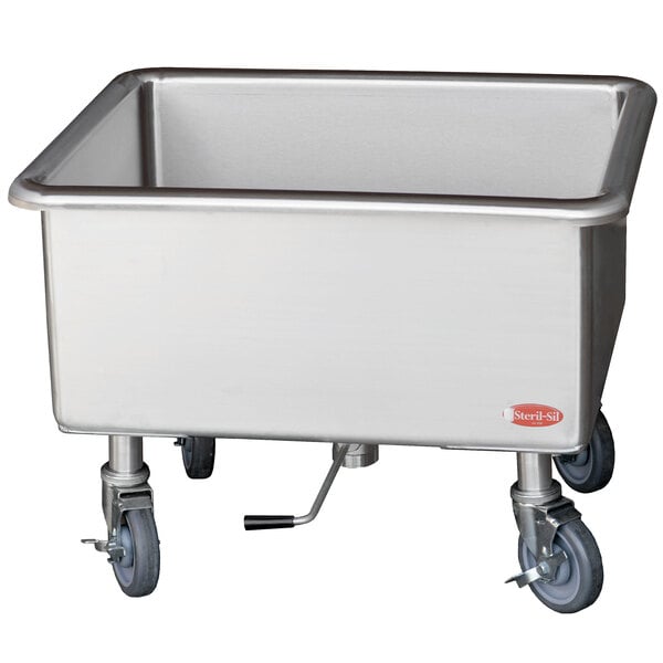 A large stainless steel tub with wheels.