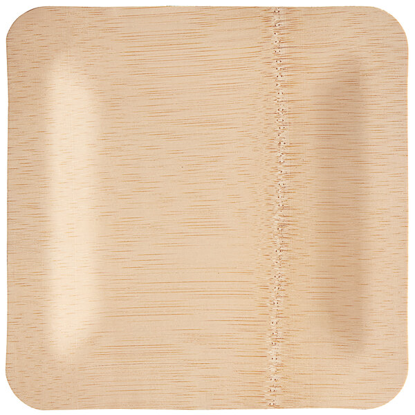 A close up of a Bamboo by EcoChoice square bamboo plate.