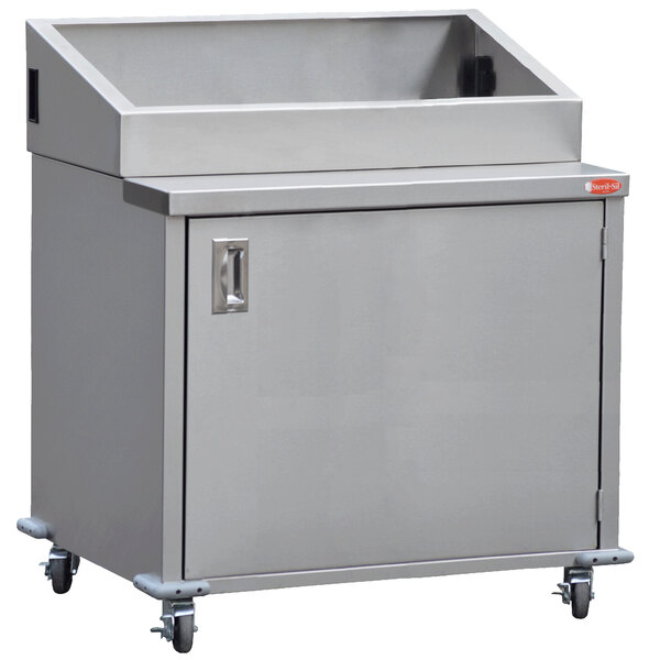 A Steril-Sil stainless steel silverware dispensing cart with a closed base and wheels.
