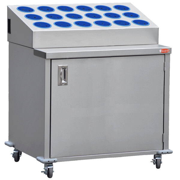 A stainless steel Steril-Sil silverware cart with blue circles on top.