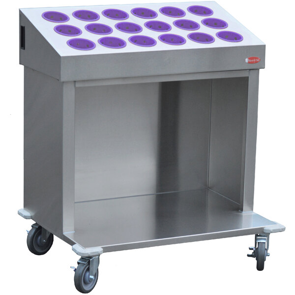 A stainless steel Steril-Sil silverware cart with purple wheels.