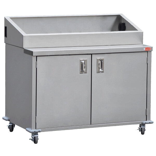 A large stainless steel cabinet with wheels.