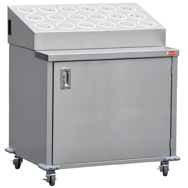 A large stainless steel cabinet with wheels and 18 white rectangular silverware boxes with holes in them.