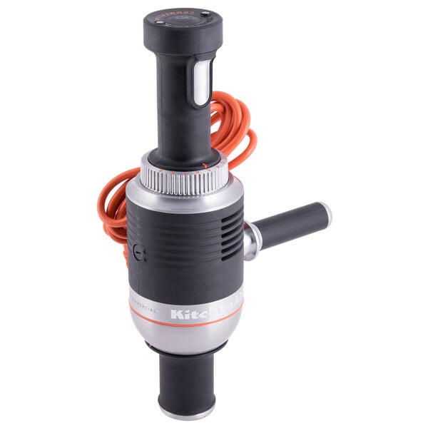 A black and silver KitchenAid immersion blender with orange accents.