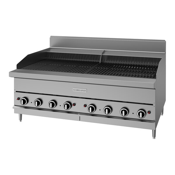A large stainless steel natural gas charbroiler with multiple control knobs and a ceramic briquette grilling surface.