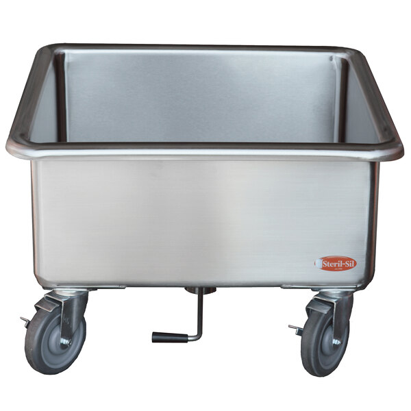 A Steril-Sil stainless steel mobile soak sink with wheels.