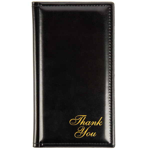 A black leather Menu Solutions guest check presenter with the words "thank you" on the cover.